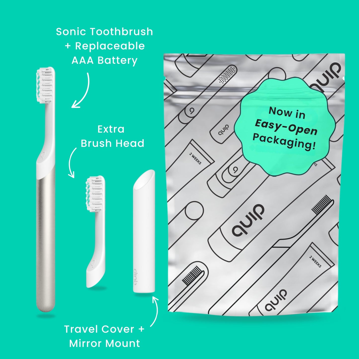 Quip Metal Sonic Electric Toothbrush for Adults - Time Travel & Soft Bristles with Travel Case & Replacement Brush Head - 3 Month Battery Life, Moonlight Champagne