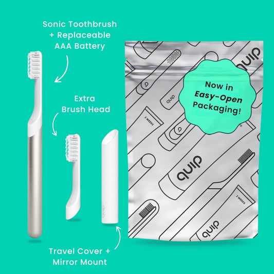 Quip Metal Sonic Electric Toothbrush for Adults - Time Travel & Soft Bristles with Travel Case & Replacement Brush Head - 3 Month Battery Life, Moonlight Champagne