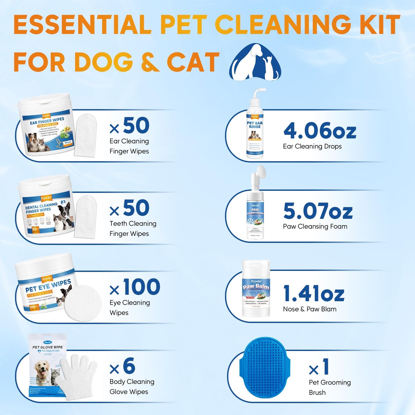 Pjordo Dog Wipes Cleaning Deodorizing, Grooming Wipes & Paw Cleaner, Pet Cleaning Kit for Teeth, Ears, Eyes, Paw, Body, Ear Rinse, Essential Dog Supplies Set
