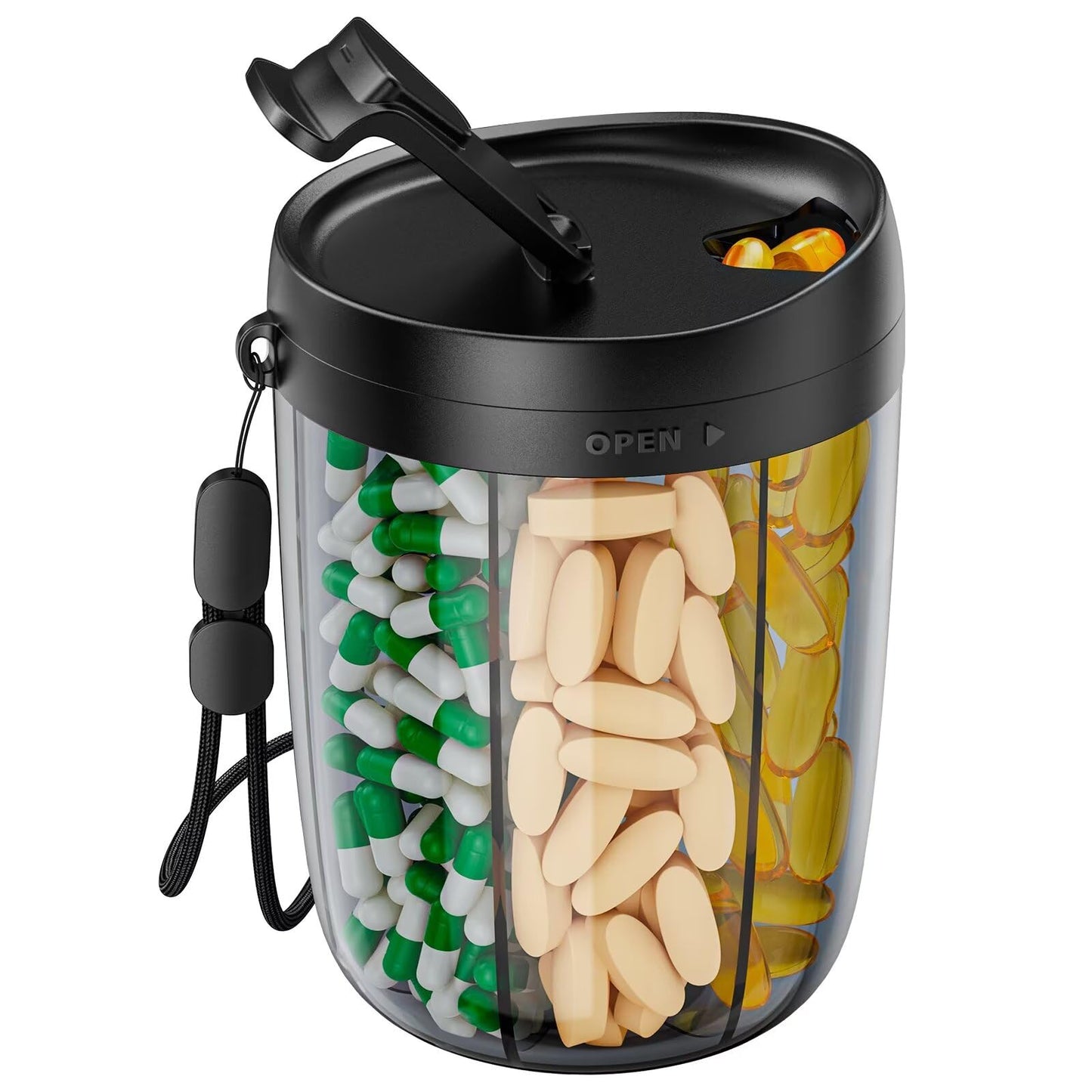 PULIV Large Pill Bottle Organizer for Holding 6 Various Vitamins without Filling Hassle, Supplement Organizer for Travel, Anti-Mixing Pill Box Case with Wide Opening for Easy Pill Retrieval, 20 Labels