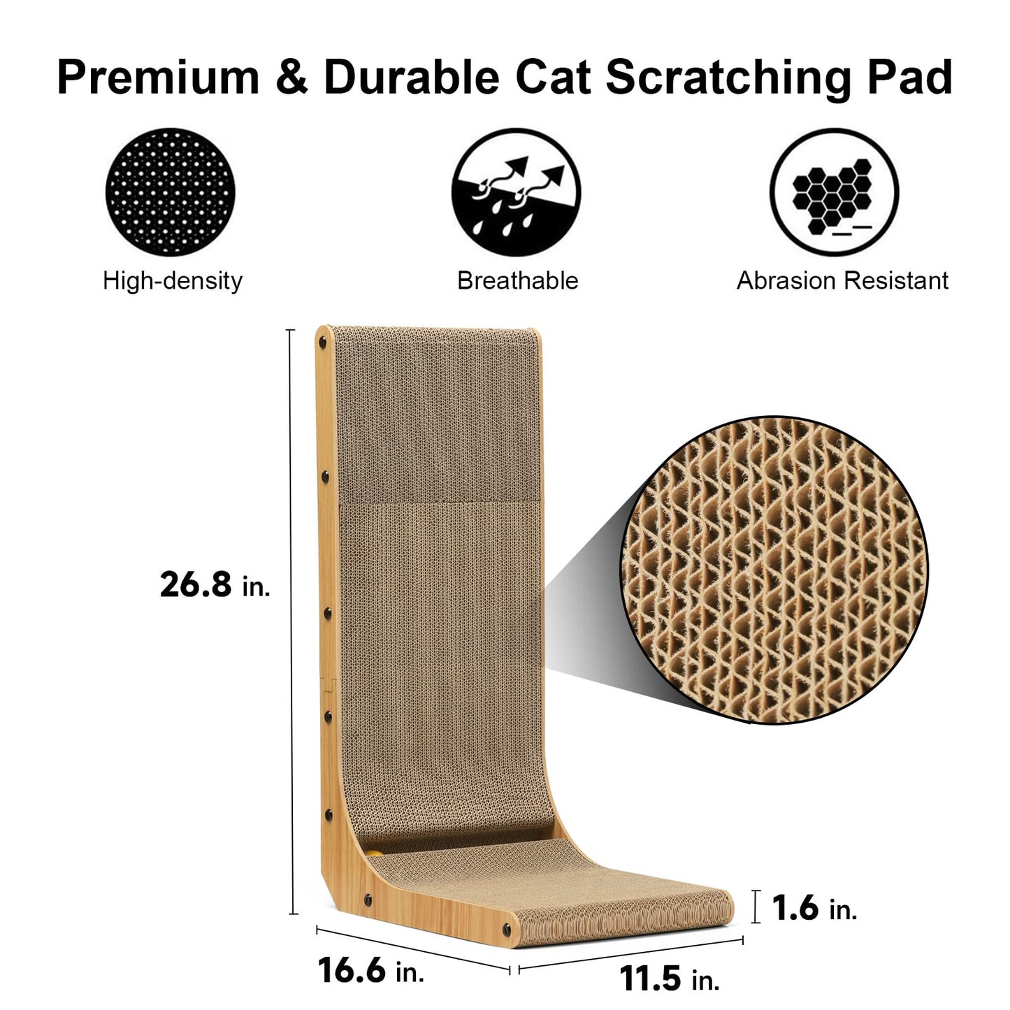 FUKUMARU Cat Scratcher, 26.8 Inch L Shape Cat Scratch Pad Wall Mounted, Cat Scratching Cardboard with Ball Toy for Indoor Cats, Large Size