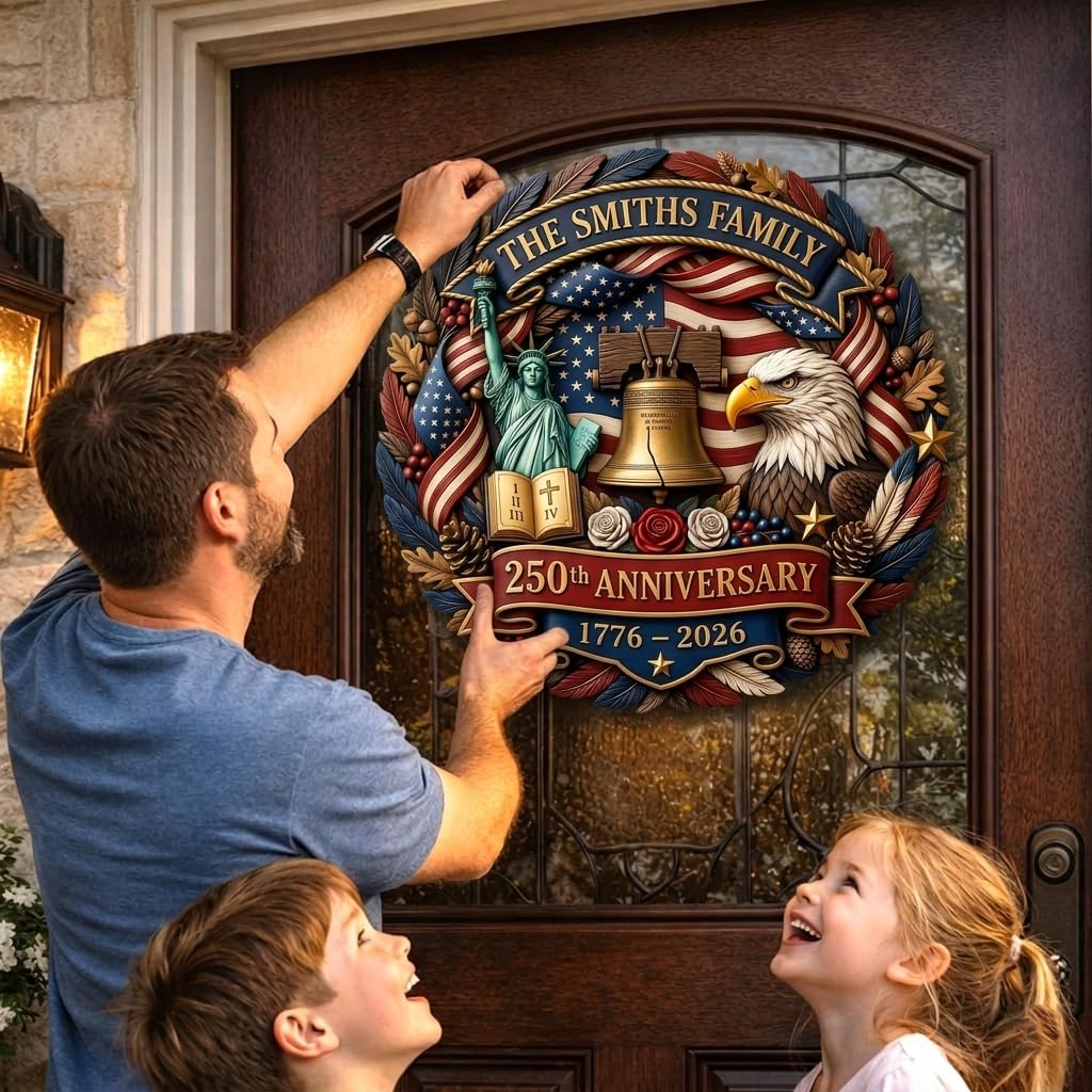 250 Anniversary USA Merchandise, Personalized 250th Anniversary 4th of July Door Sign with Family Name, Door Wreaths for 250 Year of USA 1776-2026, Customized Patriotic Decorations / D01
