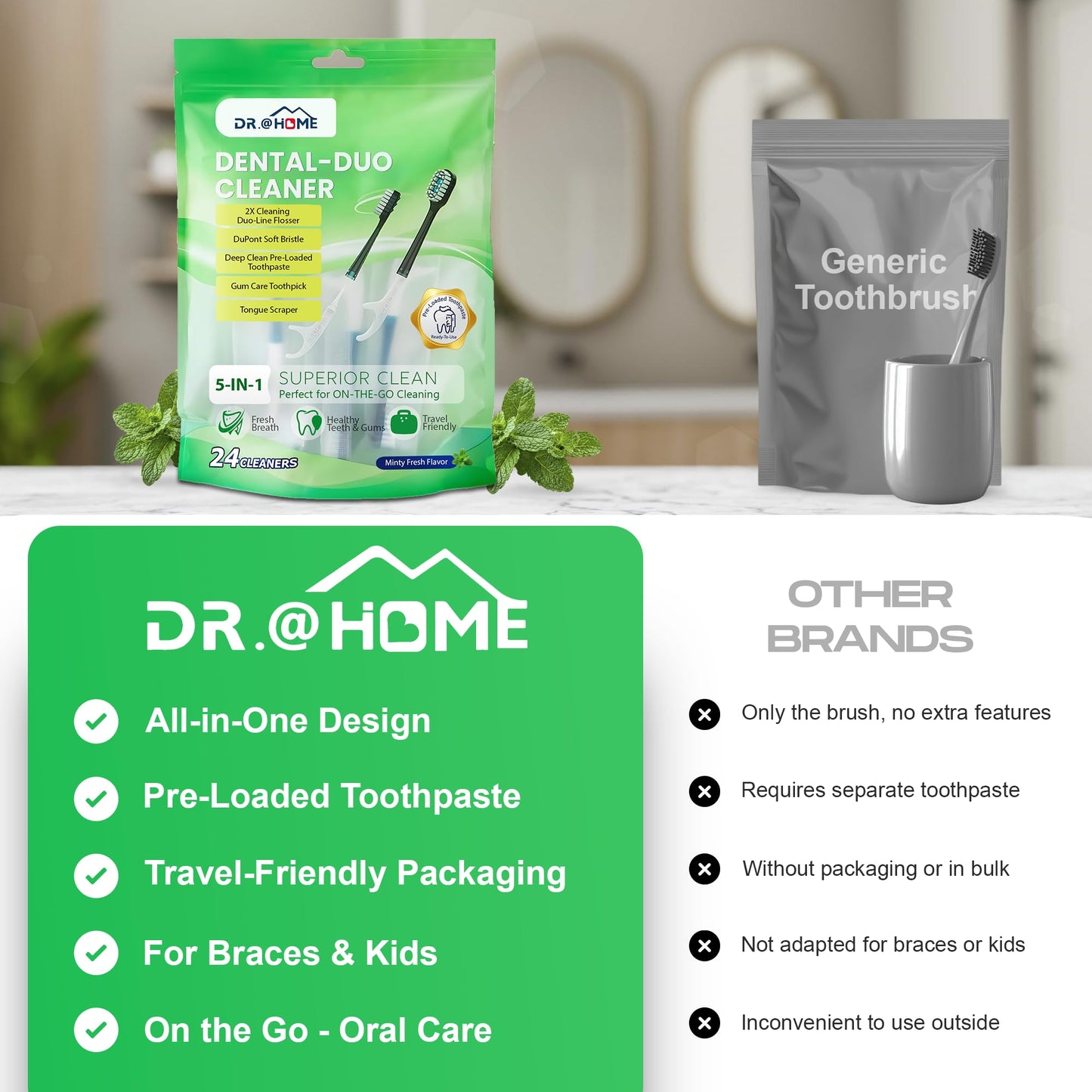 dr.@home Disposable Travel Toothbrush on the go, Oral Care Set, Prepasted Mini Toothbrush 5 in 1 (Mint Paste+ Soft Bristles+Flosser+Pick+Tongue Scraper) | Individually Wrapped 24 Count - 1 Pack