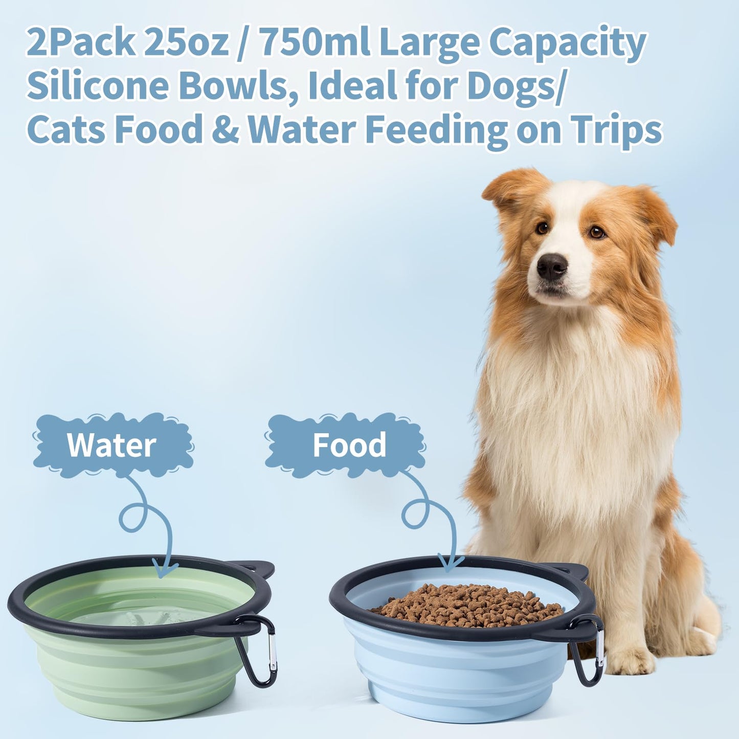 2Pack Silicone Collapsible Dog Bowls, Cute Pet Ear Shape and Cat Graphic Travel Water Bowl Full of Pet Atmosphere 25oz Portable Feeder for Small Large Dog Walking Hiking Camping (Light Blue and Green)