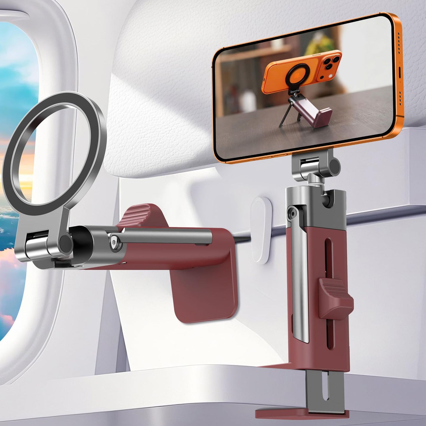 for MagSafe Airplane Phone Holder Mount Travel Essentials for Plane,N55*40 Pro Magnetic Phone Stand for Desk,360° Swivel Airplane Gadgets Cruise Must Haves Mother's Day Travel Gifts for Women Men Red