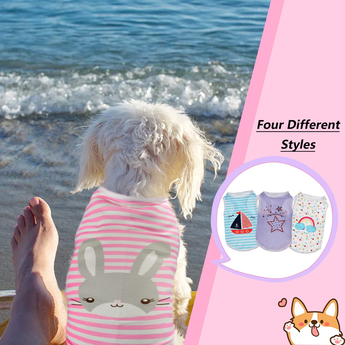 CooShou 4Pcs Dog & Cat Shirts - Polka Dot & Stripe Sleeveless T-Shirts, Soft Breathable Pet Vests for Small to Medium Dogs & Cats