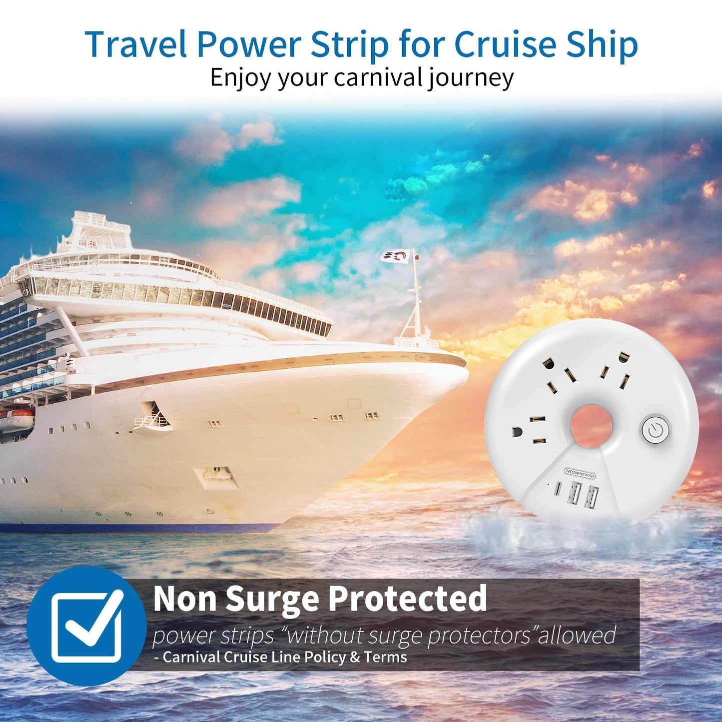 Travel Power Strip, NTONPOWER 3 Outlets 3 USB(1 USB C) Cruise Approved Power Strip, Short Extension Cord 3ft, Travel Essentials for Home, Hotels, Cruise Ship, Vacation, White, i-Donut