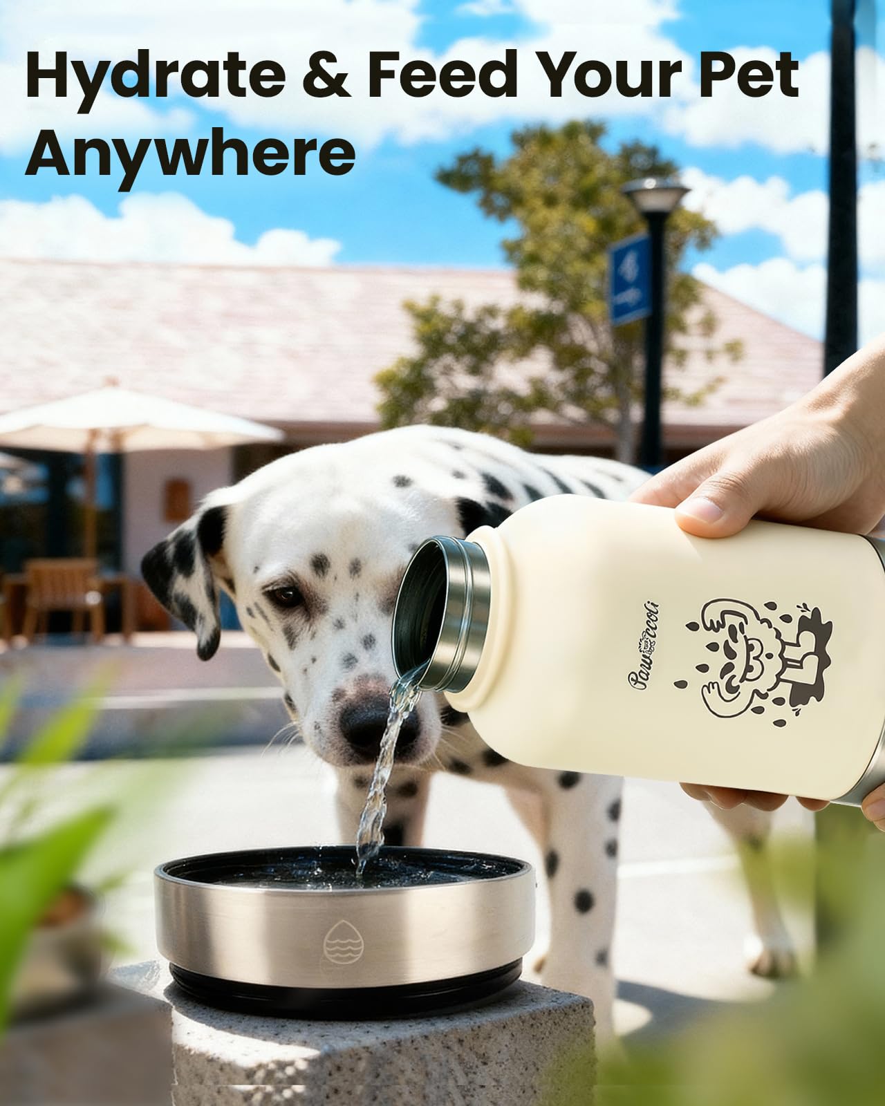 Pawccoli 34oz Dog Water Bottle, Stainless Steel Dog Water Bottle Dispenser with Detachable Food & Water Bowls, Keeps Water Hot/Cold, for Walking, Hiking, Camping(Cream)