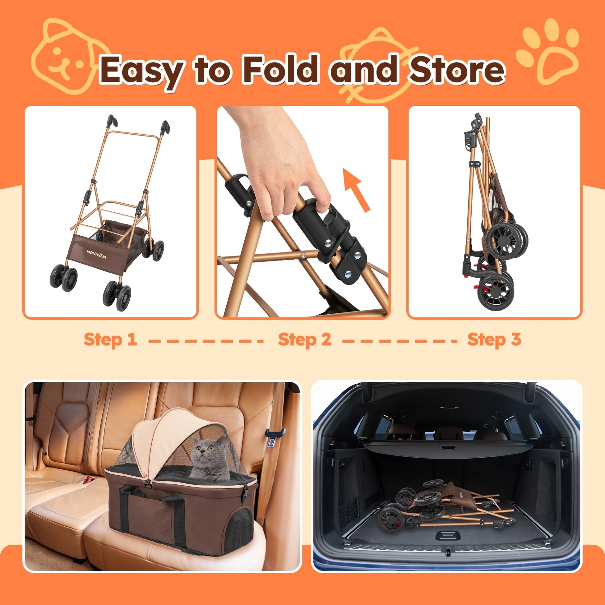 4-Wheel Foldable Pet Stroller 3-in-1 with Waterproof Detachable Travel Carrier for Small to Medium Dogs and Cats up to 60 lbs, Brown