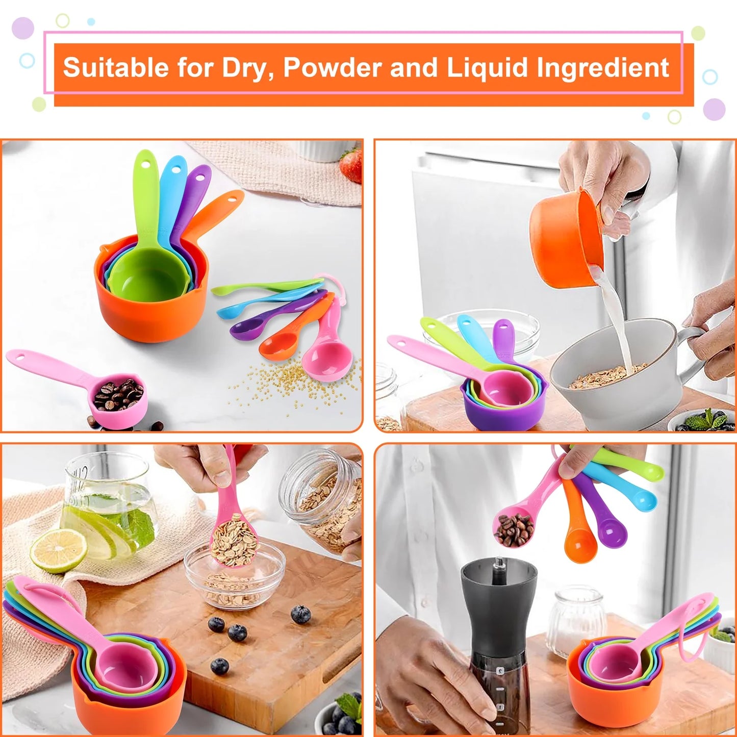 Measuring Cups and Spoons Set, 10-Piece Plastic Kitchen Measuring Set for Dry and Liquid Ingredient, Nesting Kitchen Gadgets for Cooking & Baking - Random Color