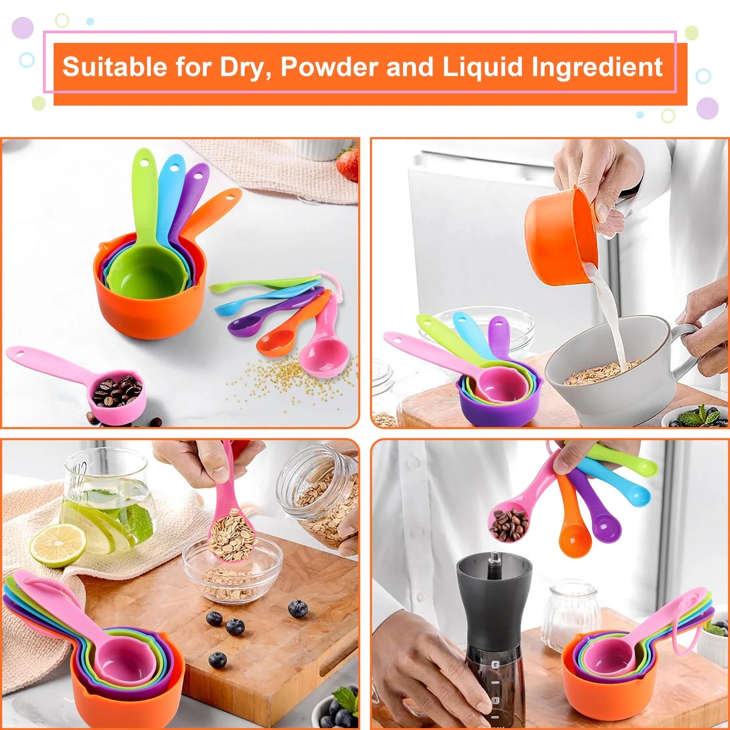 Measuring Cups and Spoons Set, 10-Piece Plastic Kitchen Measuring Set for Dry and Liquid Ingredient, Nesting Kitchen Gadgets for Cooking & Baking - Random Color