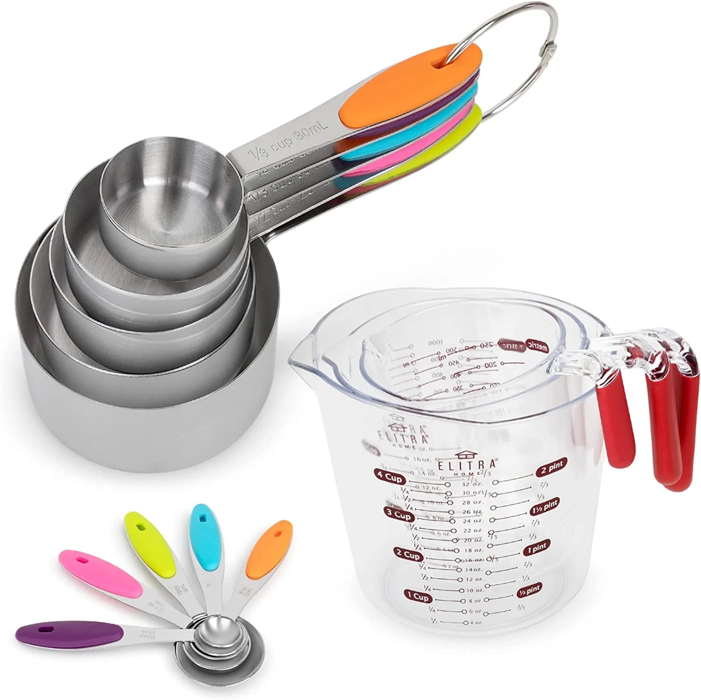 13 Pieces Measuring Cups and Spoons Set, Includes 10 Stainless Steel Measuring Spoons and 3 Plastic Measuring Cup