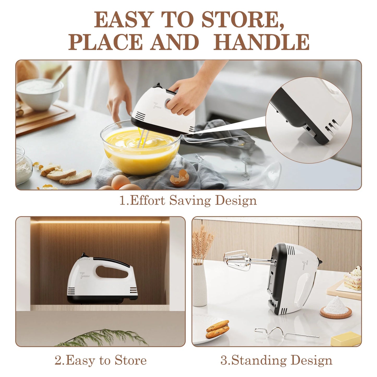 7-Speed Electric Hand Mixer with Stainless Steel Beaters and Dough Hooks, Turbo Boost Function for Baking Cakes, Eggs, and Cream