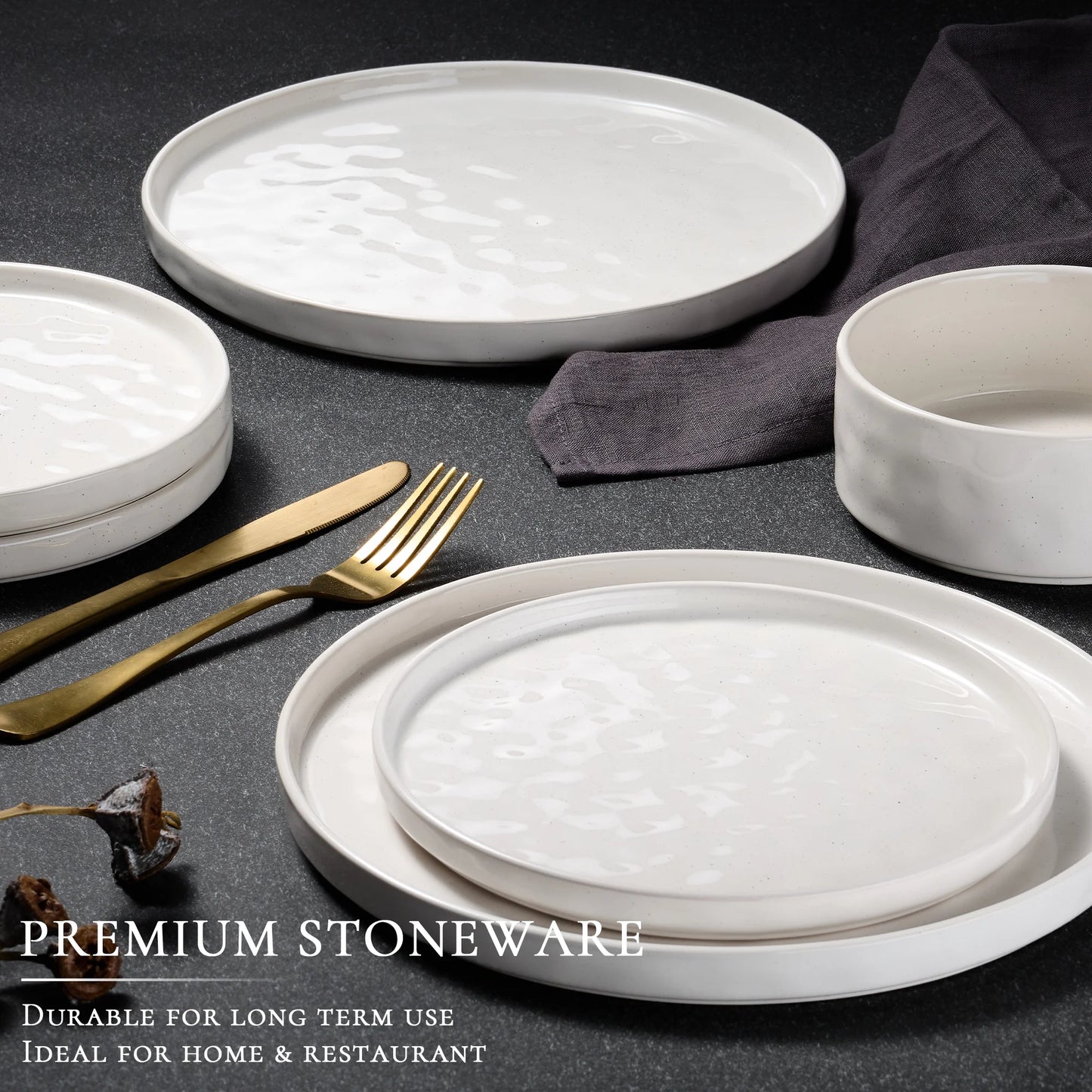 12-Piece Stoneware Dinnerware Set for Four, Elegant Speckled White Ceramic Plates and Bowls for Home and Restaurant Use