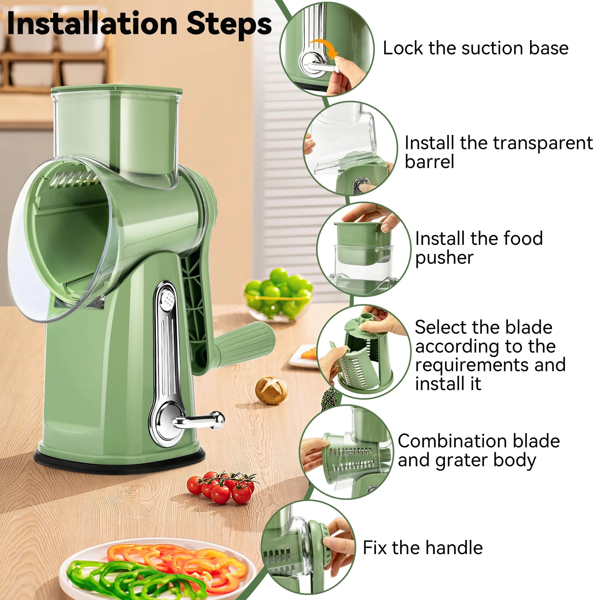 Professional Rotary Cheese Grater with Handle - 5 Interchangeable Blades, Suction Base, Mandoline Slicer & Vegetable Shredder with Blade Storage Box (Green)