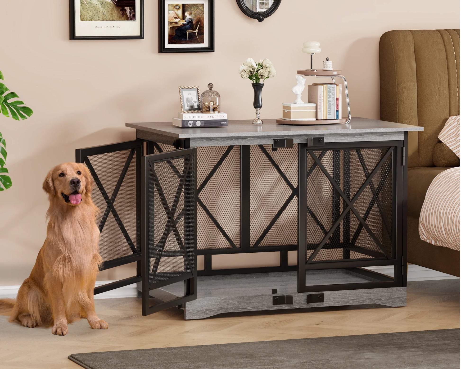 48-Inch Extra-Large Wooden Dog Crate with Double Doors, Indoor Kennel and End Table, Anti-Chew and Anti-Escape Design, Gray