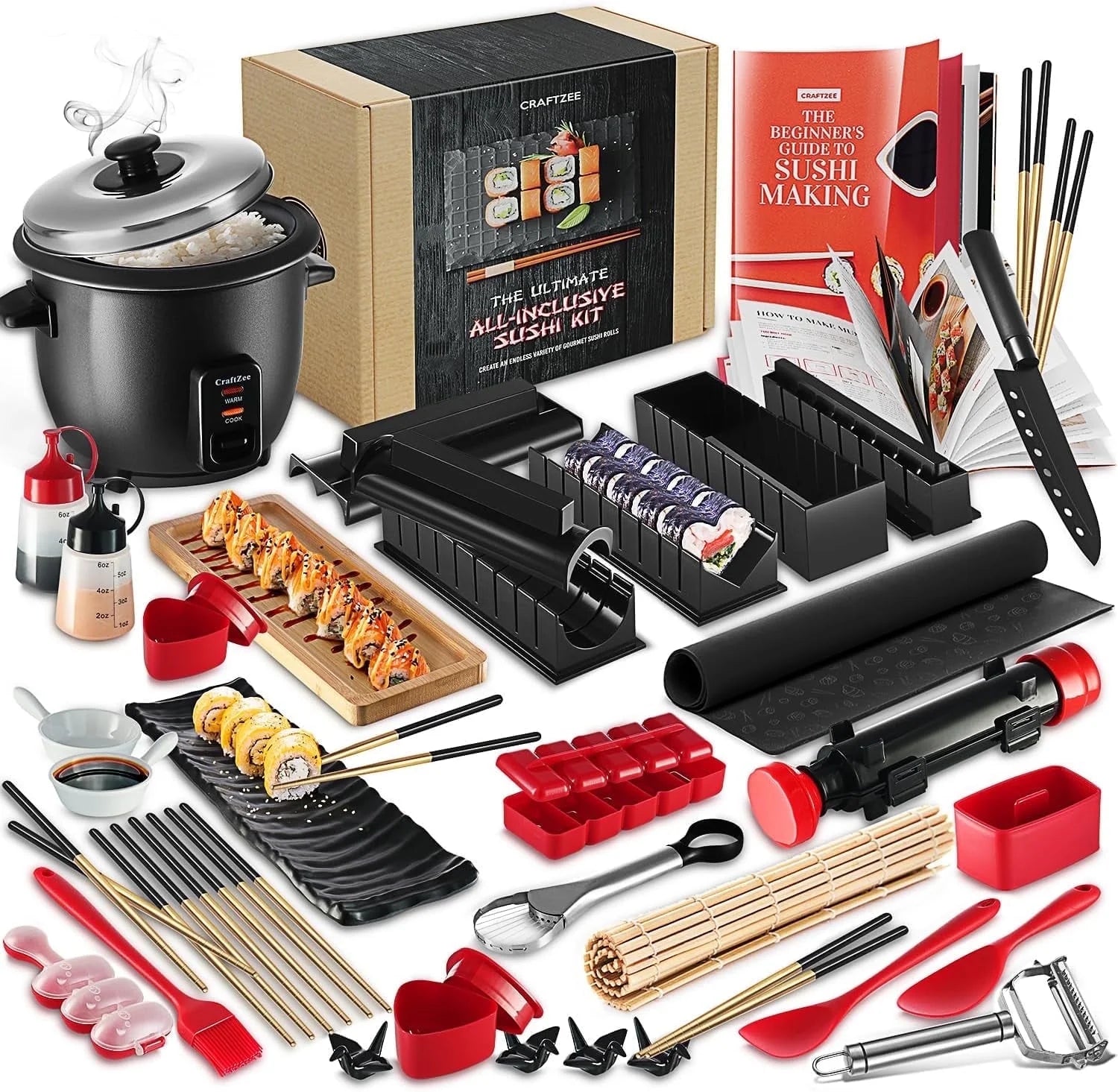 Super Deluxe Sushi Making Kit - 42Pcs DIY Sushi Maker Kit with Rice Cooker, Sushi Bazooka Roller, Nigiri & Musubi Mold, Knife, Bamboo Rolling Mat, Spreader, Chopsticks & More
