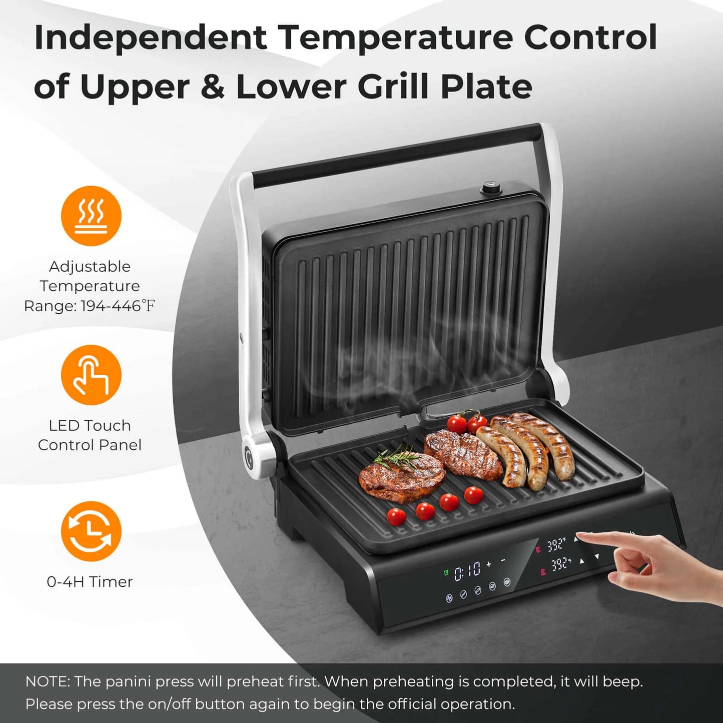 Electric Panini Press Grill Sandwich Maker with LED Display & Removable Drip Tray