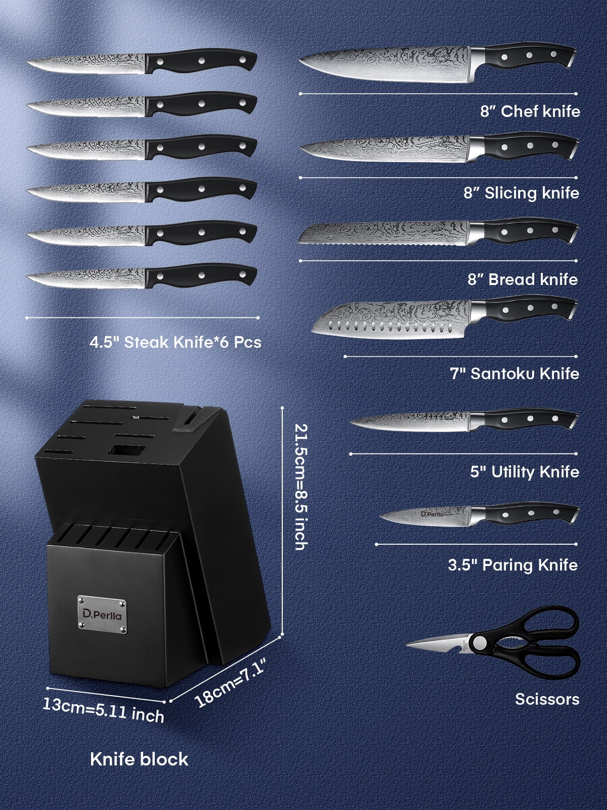 Knife Set, 14 Pcs Kitchen Knives Set with Built-In Sharpener, Stainless Steel Knife Set with Block
