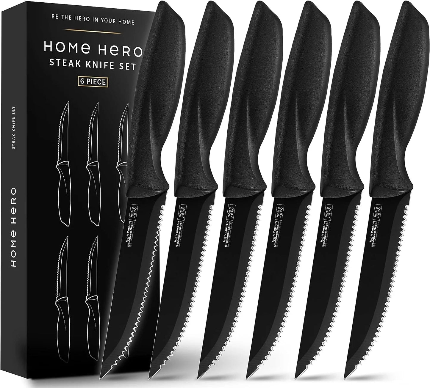 - 6 Pcs Kitchen Knife Set & Steak Knifes - Stainless Steel, Black