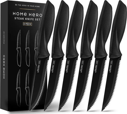 - 6 Pcs Kitchen Knife Set & Steak Knifes - Stainless Steel, Black