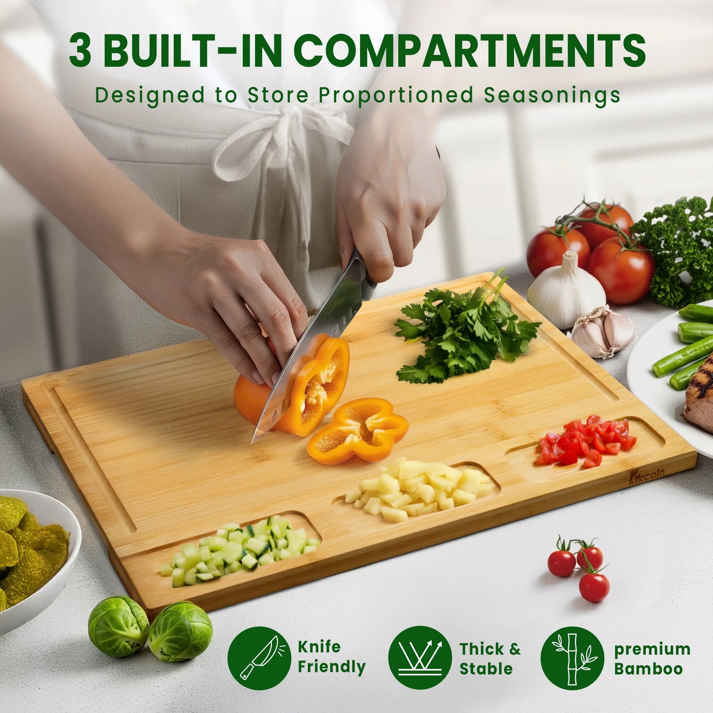 Cutting Board Set of 3, Bamboo Chopping Boards for Kitchen, Heavy Duty Wooden Serving Tray with Juice Groove