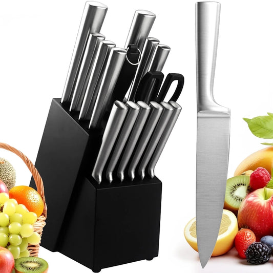 Kitchen Knife Set with Block, 16 PCS High Carbon Stainless Steel Sharp Serrated Steak Knives(Silver)