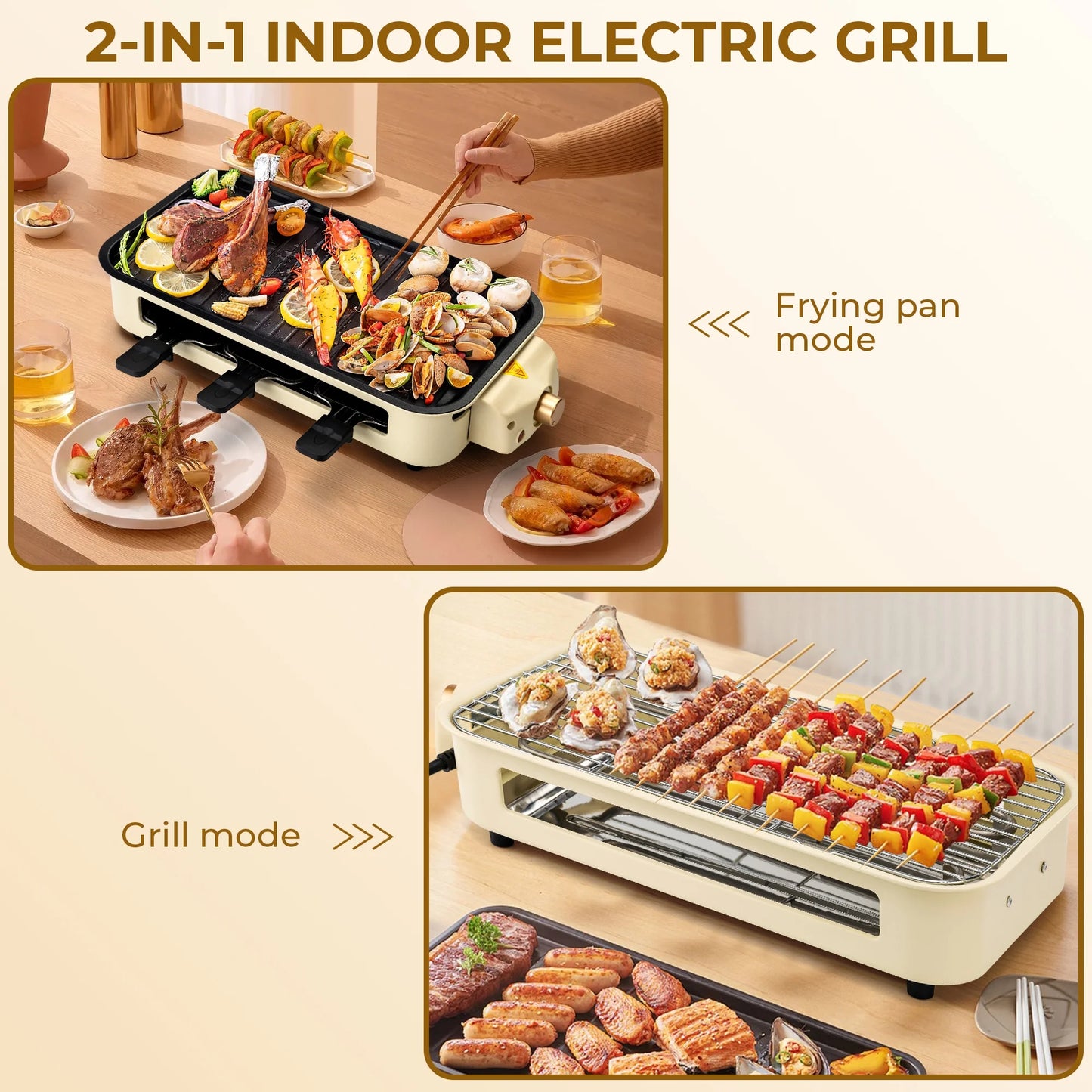 1500W Indoor Electric Smokeless Grill with Non-Stick Surface and 3 Mini Raclette Pans - Perfect for Grilling, Roasting, and Frying, Easy to Clean (Beige)