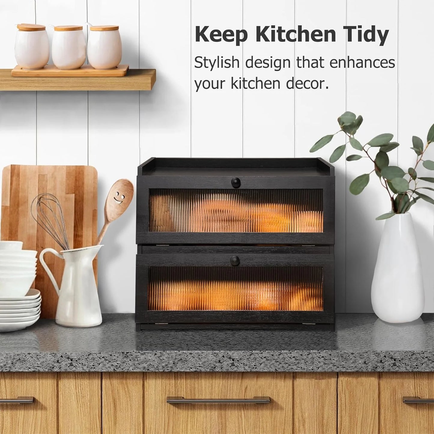 Pure Bamboo Bread Box, Roomy Two-Layer Breadbox for Kitchen Counters, Easy to Assembly Bread Storage Container (Black)