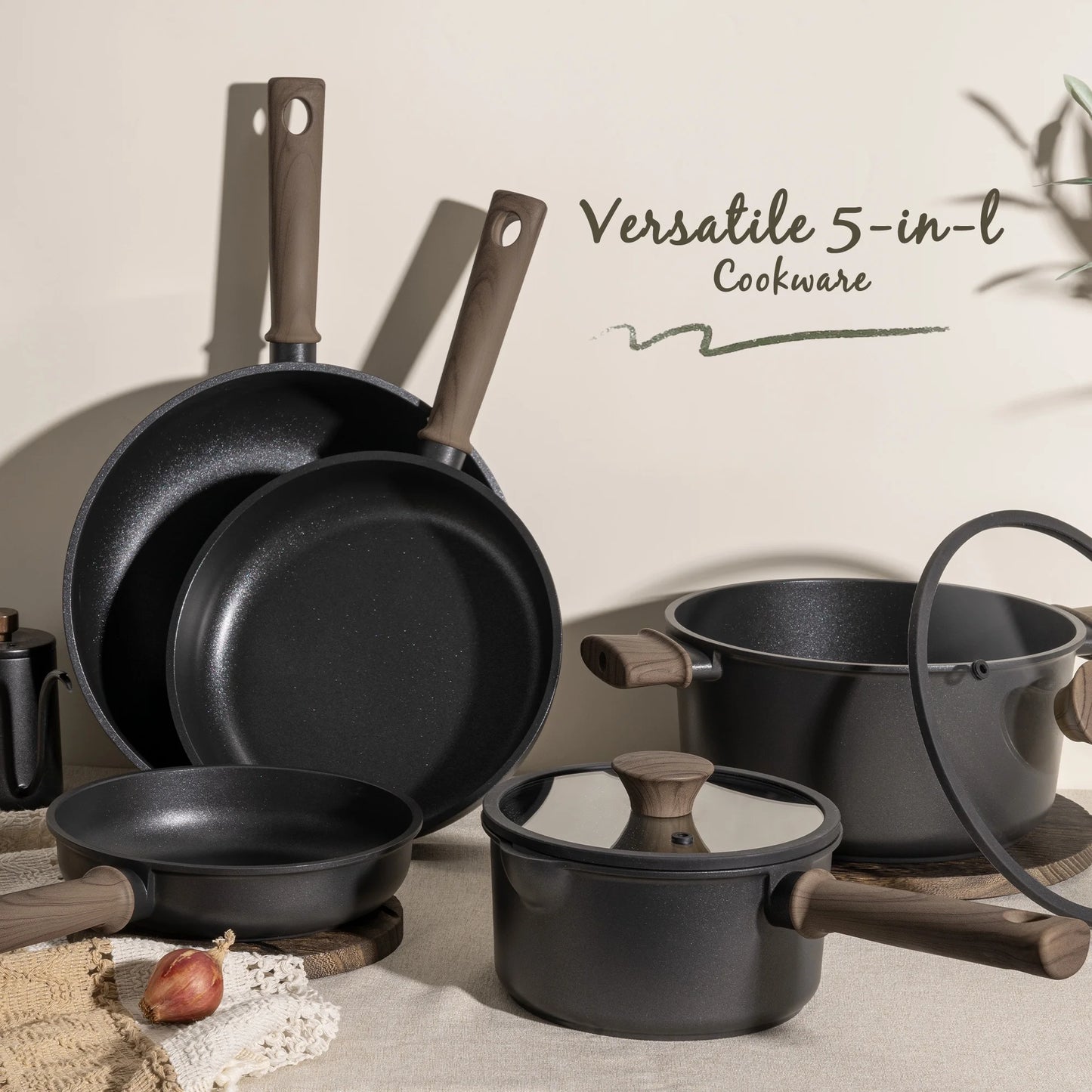 18-Piece Pots and Pans Set, Nonstick Cookware Set with Elegant Wooden Handle, Oven Safe to 480°F, Induction Compatible, Kitchen Cooking Set for RV Trips, Camping and Picnic, Black