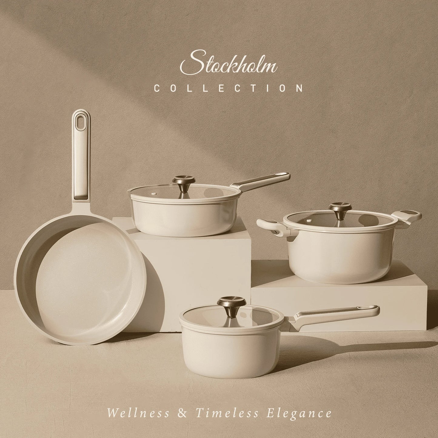 14-Piece Ceramic Nonstick Cookware Set with Utensils, Induction Compatible, Taupe