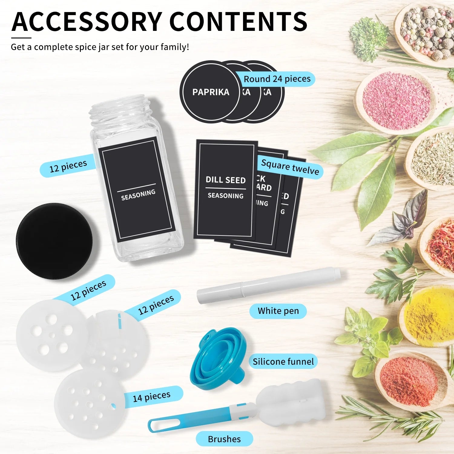 12Pcs 4Oz Glass Spice Jars with Shaker Lids, Labels, a Handy Funnel, Empty Spice Containers and Square Spice Bottles for Kitchen and Seasoning