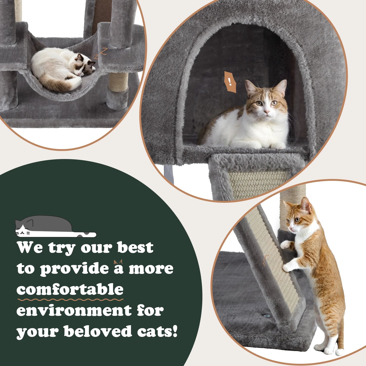 65.7" Large Cat Tree and Tower Condo for Indoor Cats with Dual Scratching Boards, Hammock, and Post in Gray