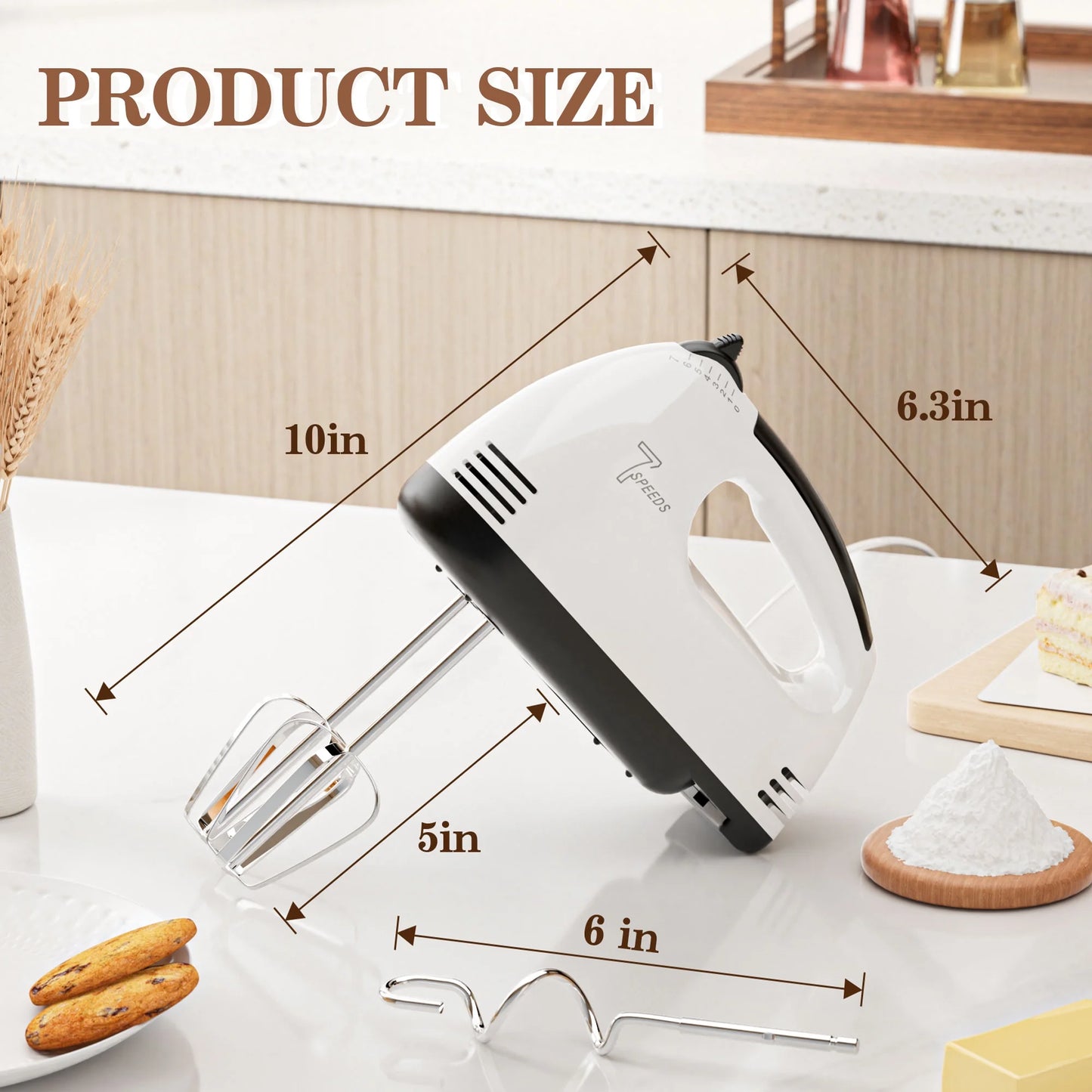 7-Speed Electric Hand Mixer with Stainless Steel Beaters and Dough Hooks, Turbo Boost Function for Baking Cakes, Eggs, and Cream