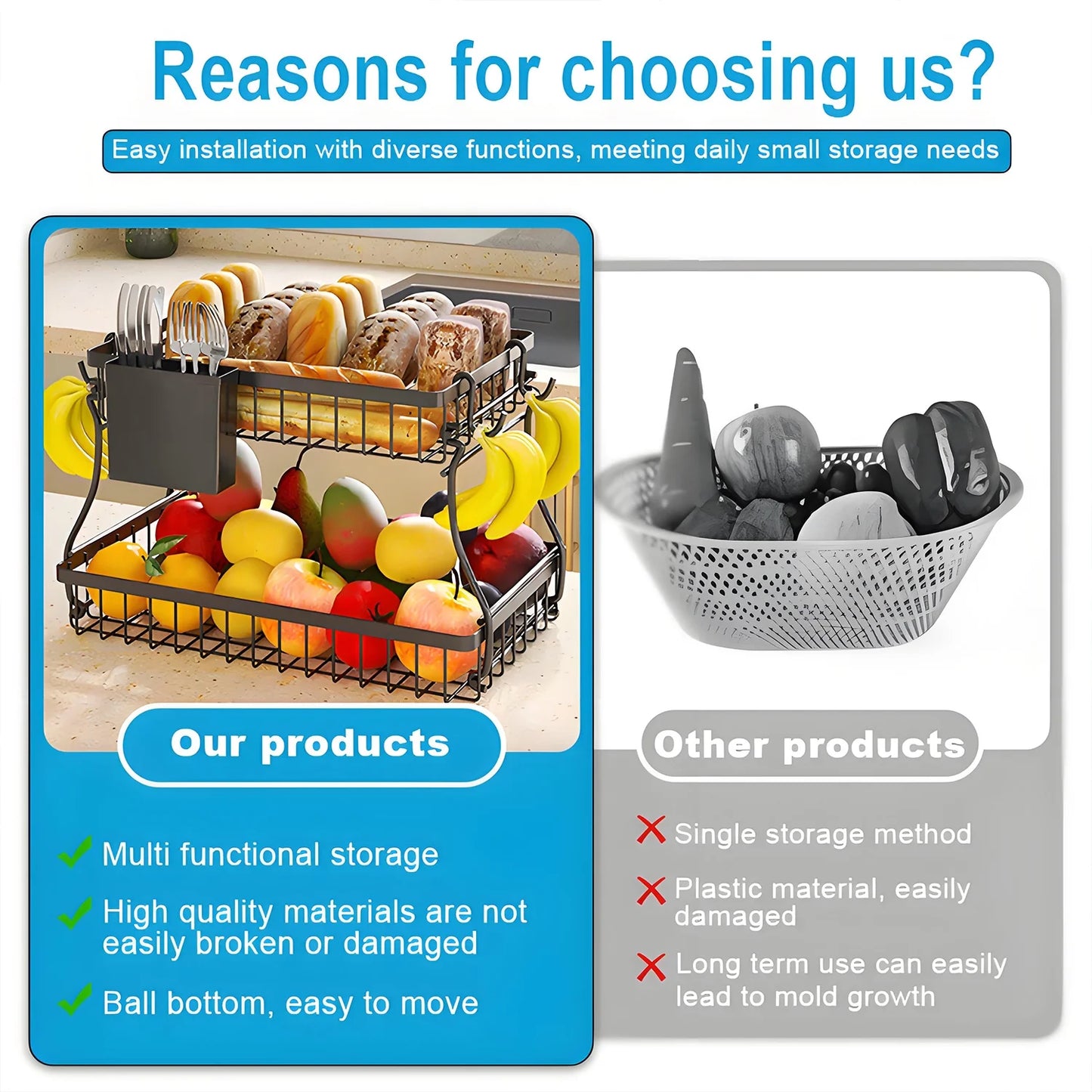 2-Tier Countertop Fruit Basket - Black Metal Organizer W/4 Banana Hooks & Knife Holder, 10X3X16In for Kitchen/Dining Room