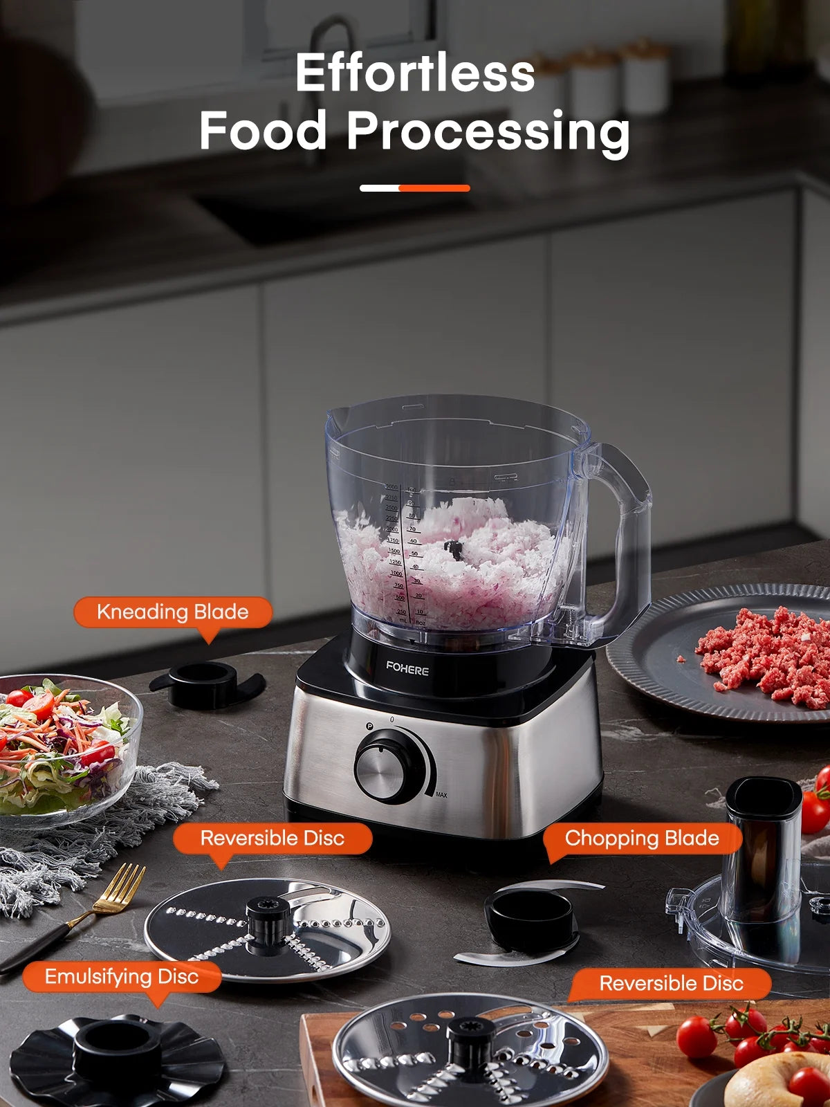 14 Cup 800W Food Processor, 2-Speed 6 Functions for Shredding, Slicing, Doughing, Emulsfying and Juicing