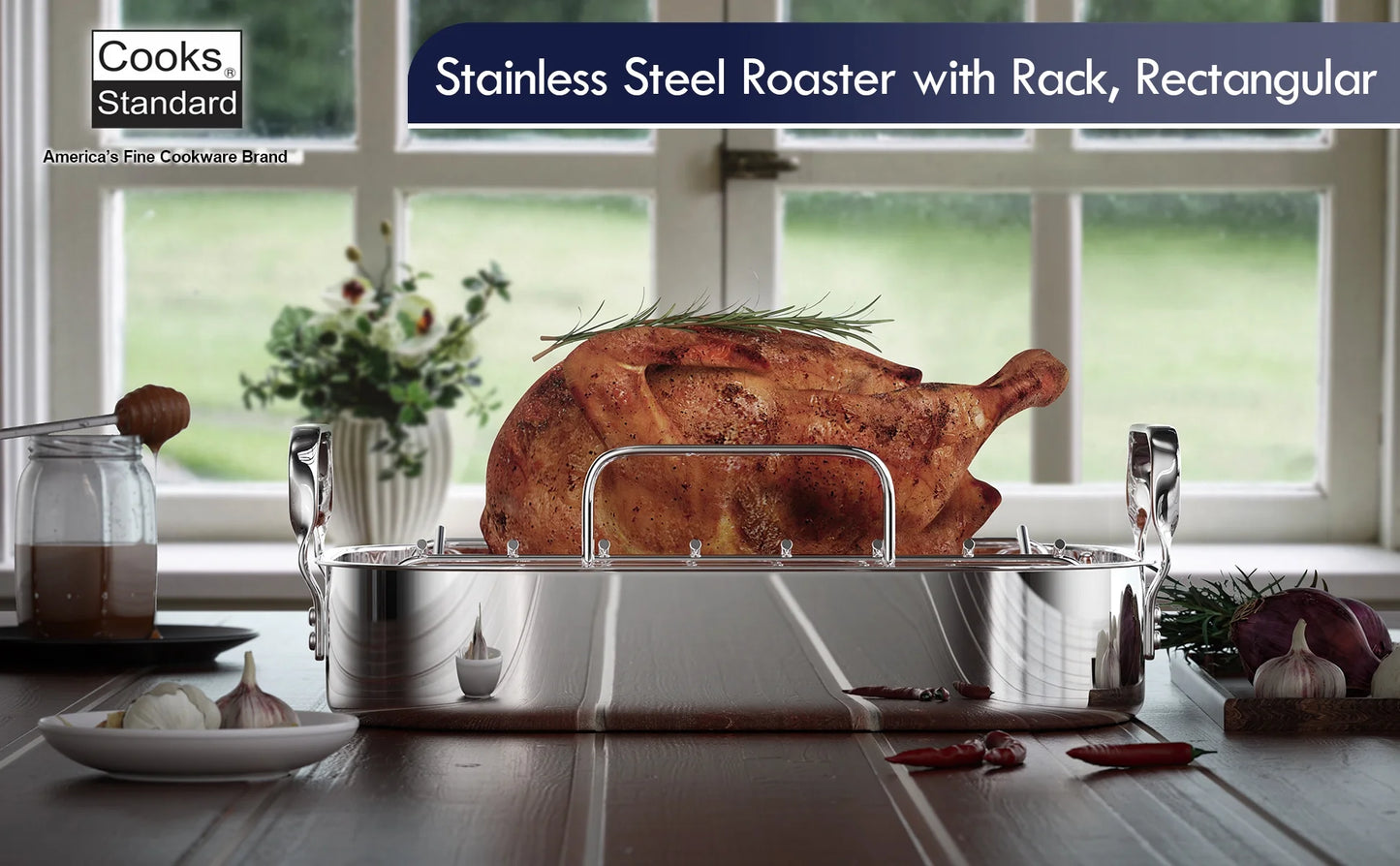Stainless Steel Roaster Pan with V-Shaped Rack, 16-Inch by 13-Inch Turkey Roasting Pan Bakeware for Oven, Rectangular