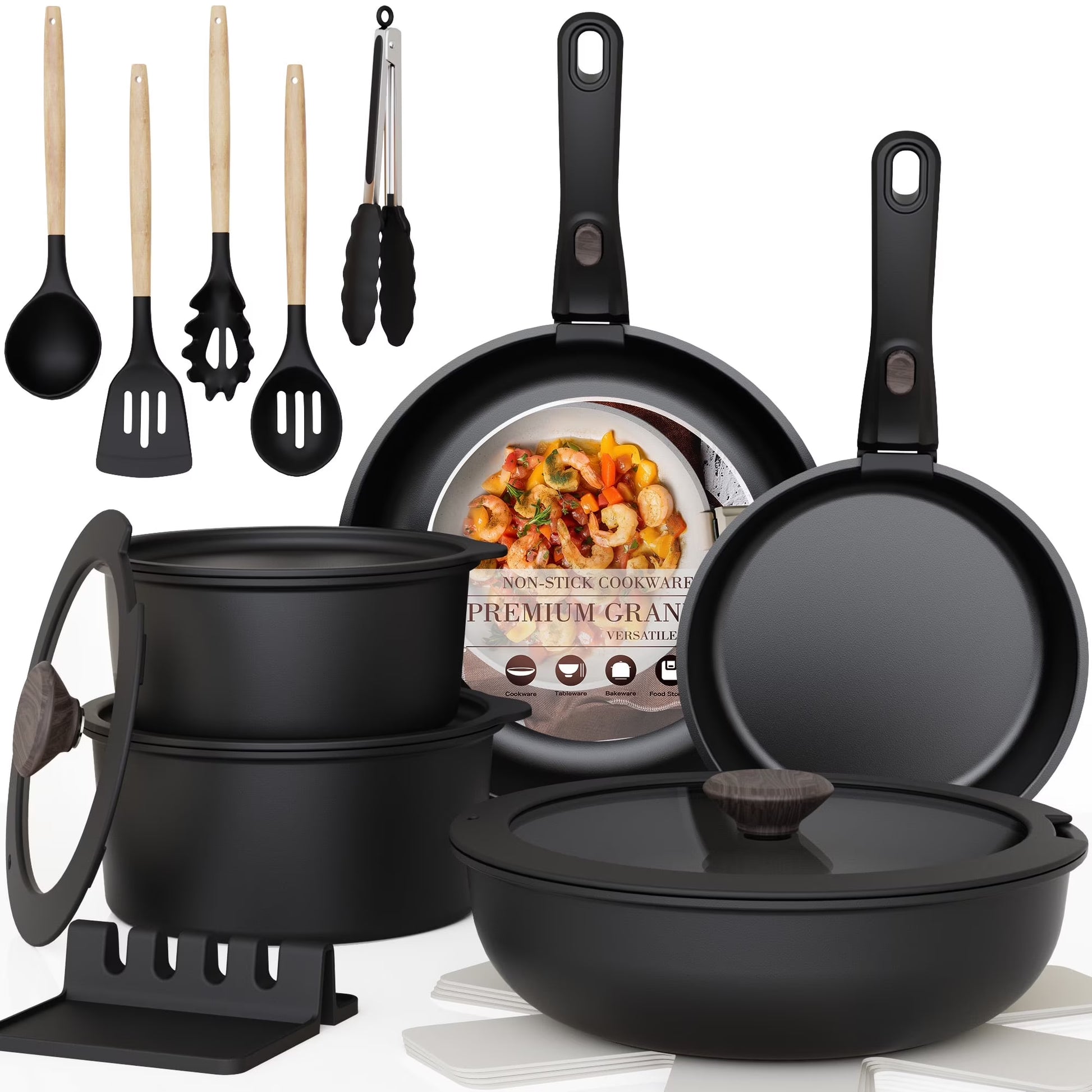 20-Piece Nonstick Cookware Set with Detachable Handles, Oven and Dishwasher Safe, Induction Compatible, Stackable Design for RV Kitchens, Black