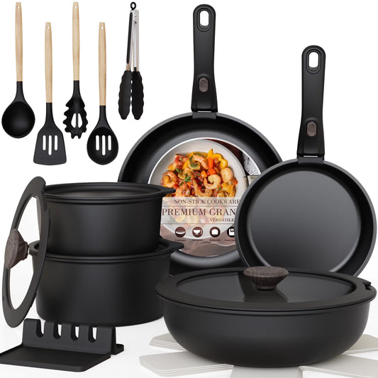 20-Piece Nonstick Cookware Set with Detachable Handles, Oven and Dishwasher Safe, Induction Compatible, Stackable Design for RV Kitchens, Black