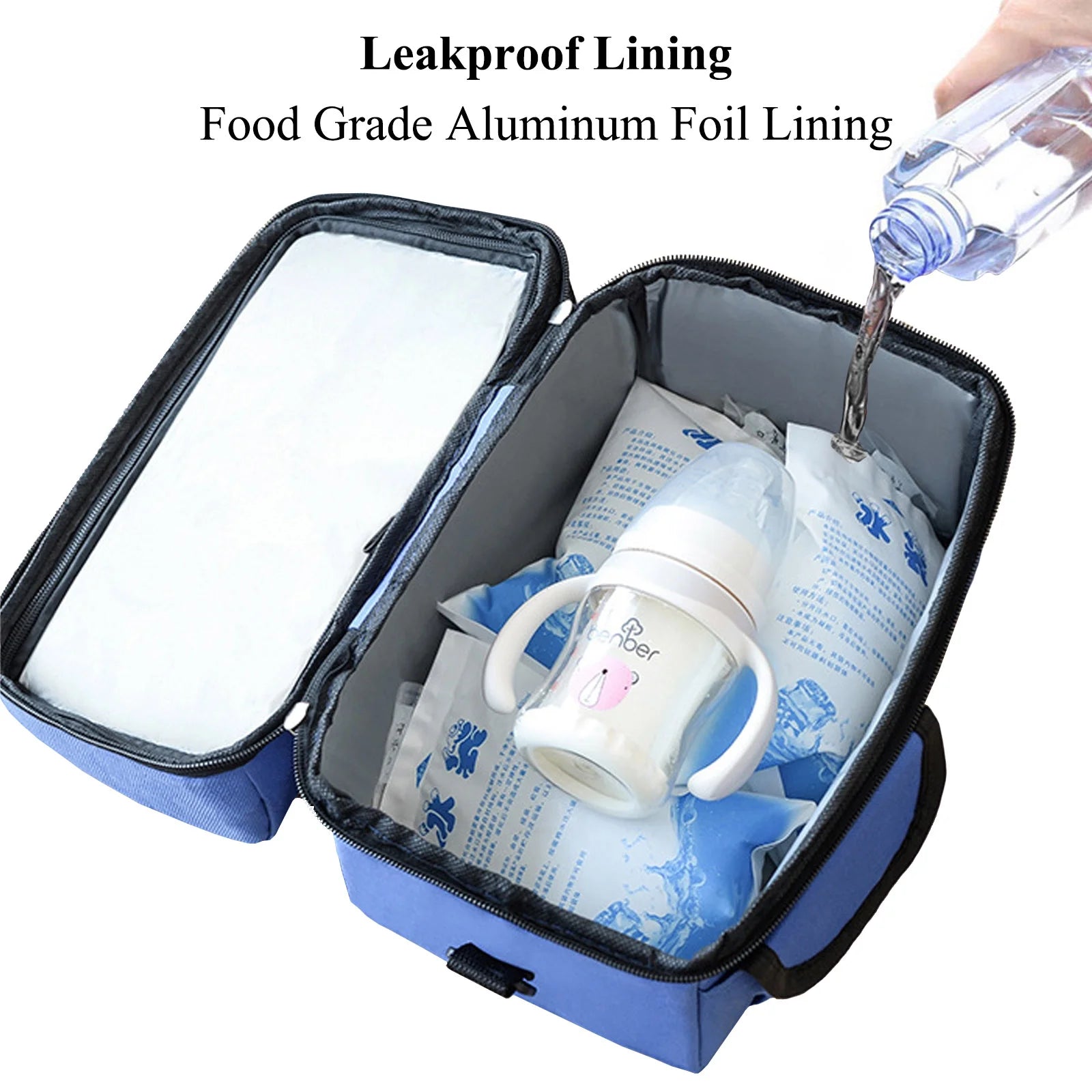 Large Insulated Lunch Bag for Women and Men, Blue Oxford Fabric Dual Compartment Reusable Lunch Box for School Office Work Picnic, Leakproof Cooler Lunch Tote Bag with Adjustable Shoulder Strap