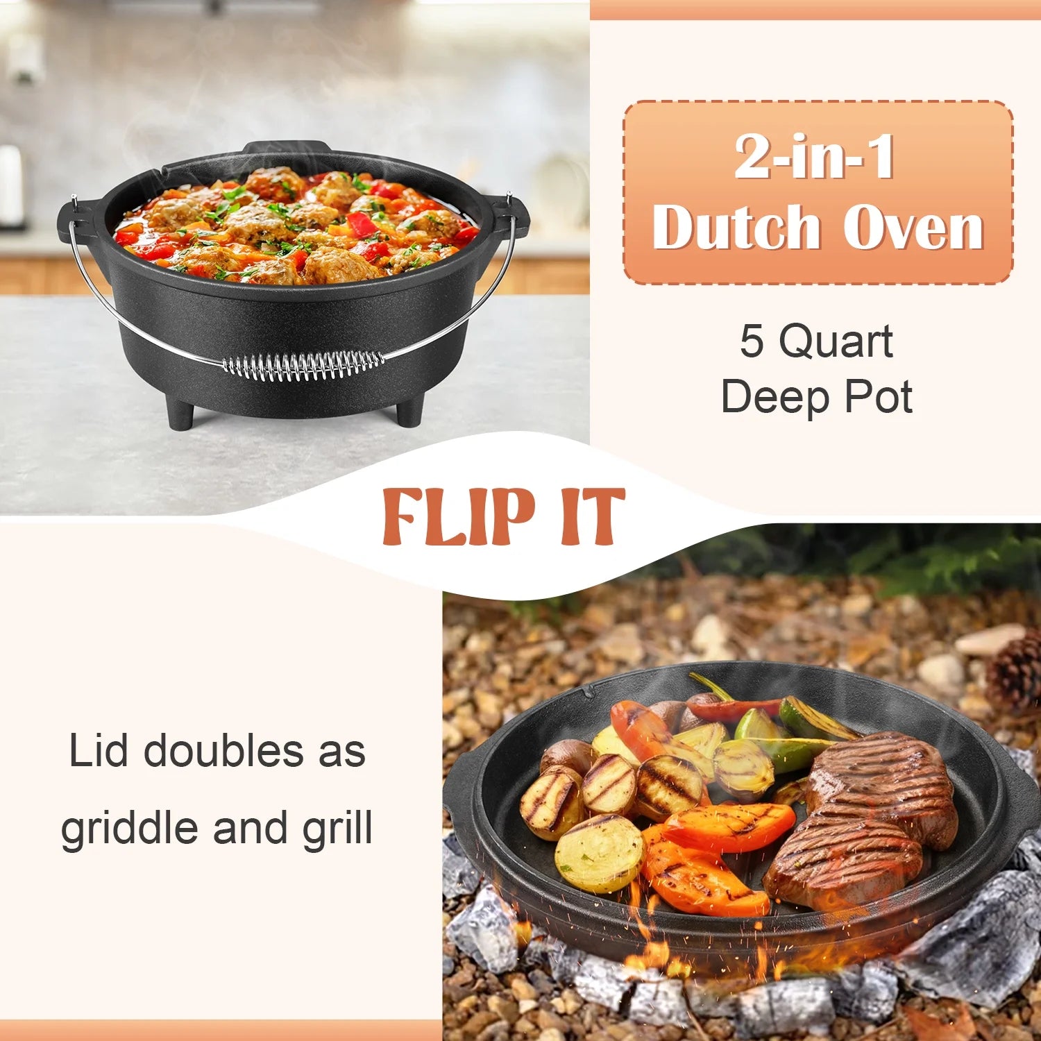 5 QT Cast Iron Dutch Oven, 2 in 1 Pre-Seasoned Camping Pot with Reversible Lid and Lid Lifter Handle, Multifunctional Cookware Pot for Camping Cooking BBQ Baking