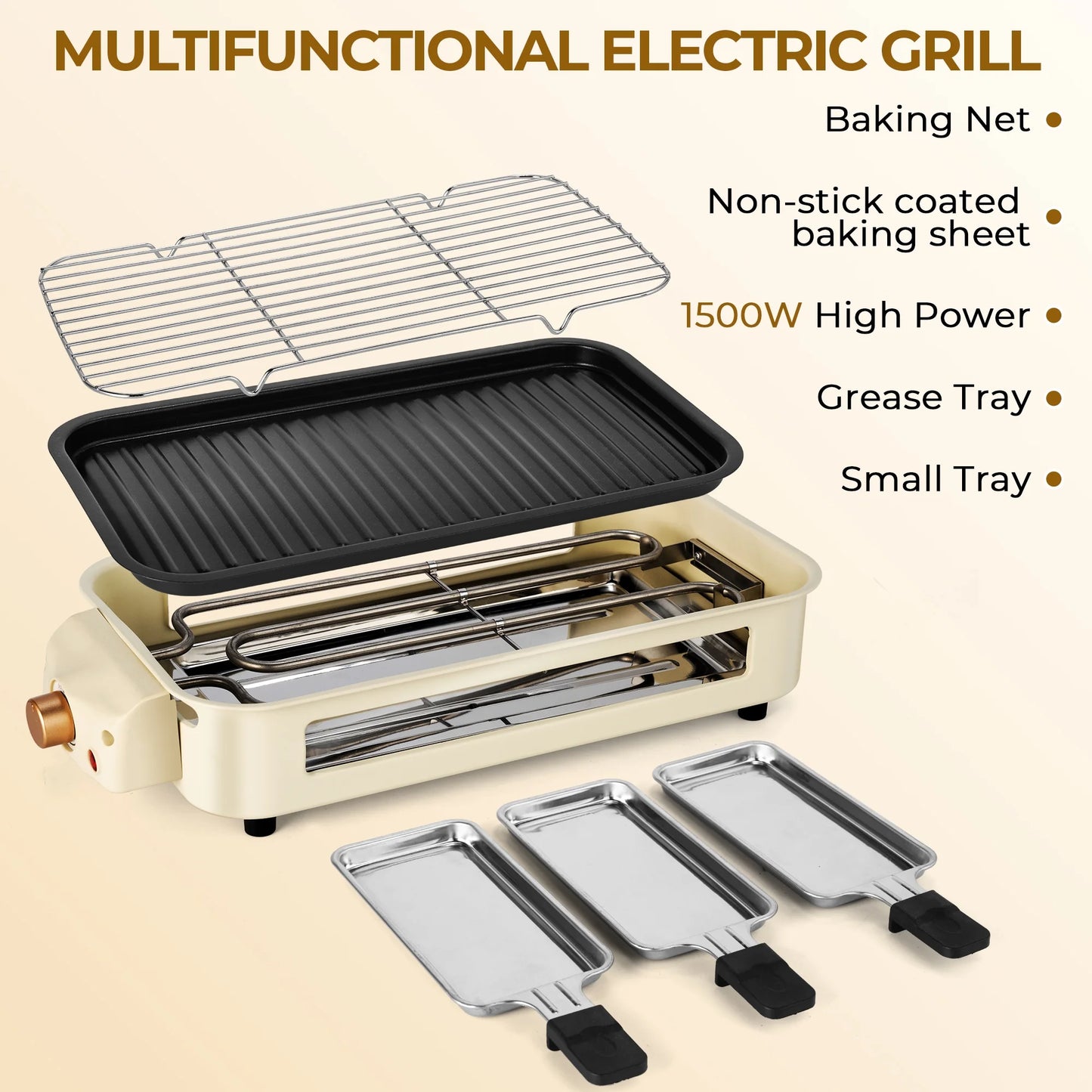 1500W Indoor Electric Smokeless Grill with Non-Stick Surface and 3 Mini Raclette Pans - Perfect for Grilling, Roasting, and Frying, Easy to Clean (Beige)