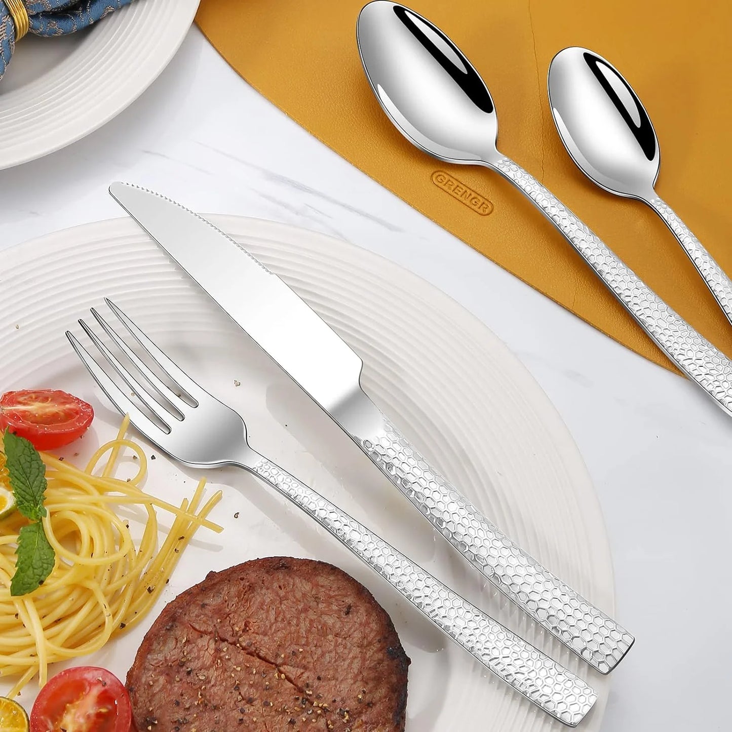 20-Piece Hammered Stainless Steel Flatware Set for 6 - Food-Grade Square Edge Cutlery W/Mirror Finish | Dishwasher Safe Tableware Service