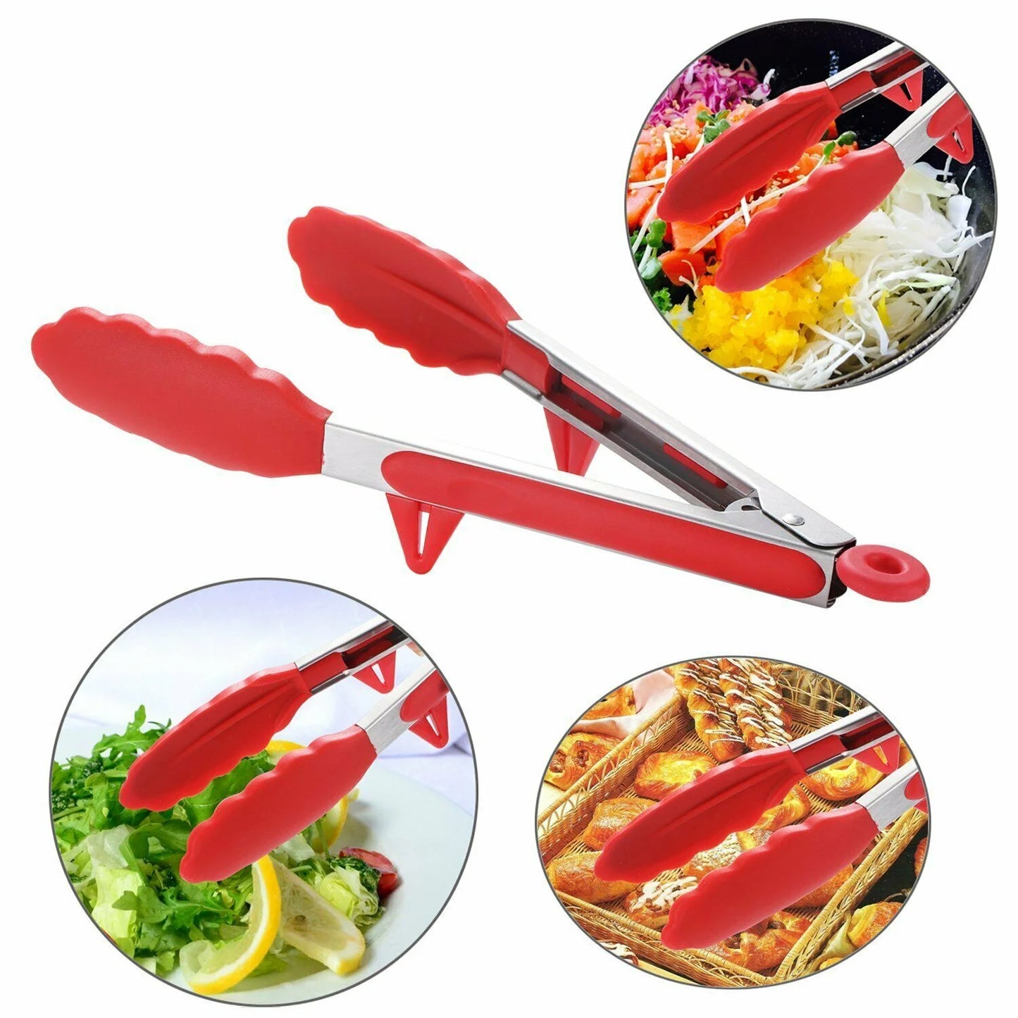 2 Pieces of Cooking Kitchen Tong with Silicone Tip Stainless Steel Locking Tong Built-In Stand Food Tongs
