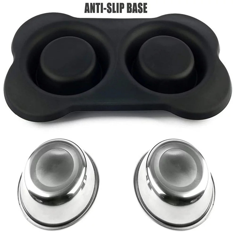 Dog Bowls, Double Dog and Cat Bowls with Anti-Overflow and Anti-Skid Food Mat, Small Dog and Cat Feeding Water and Bowls, 14.00 X 8.20 X 1.10 Inches
