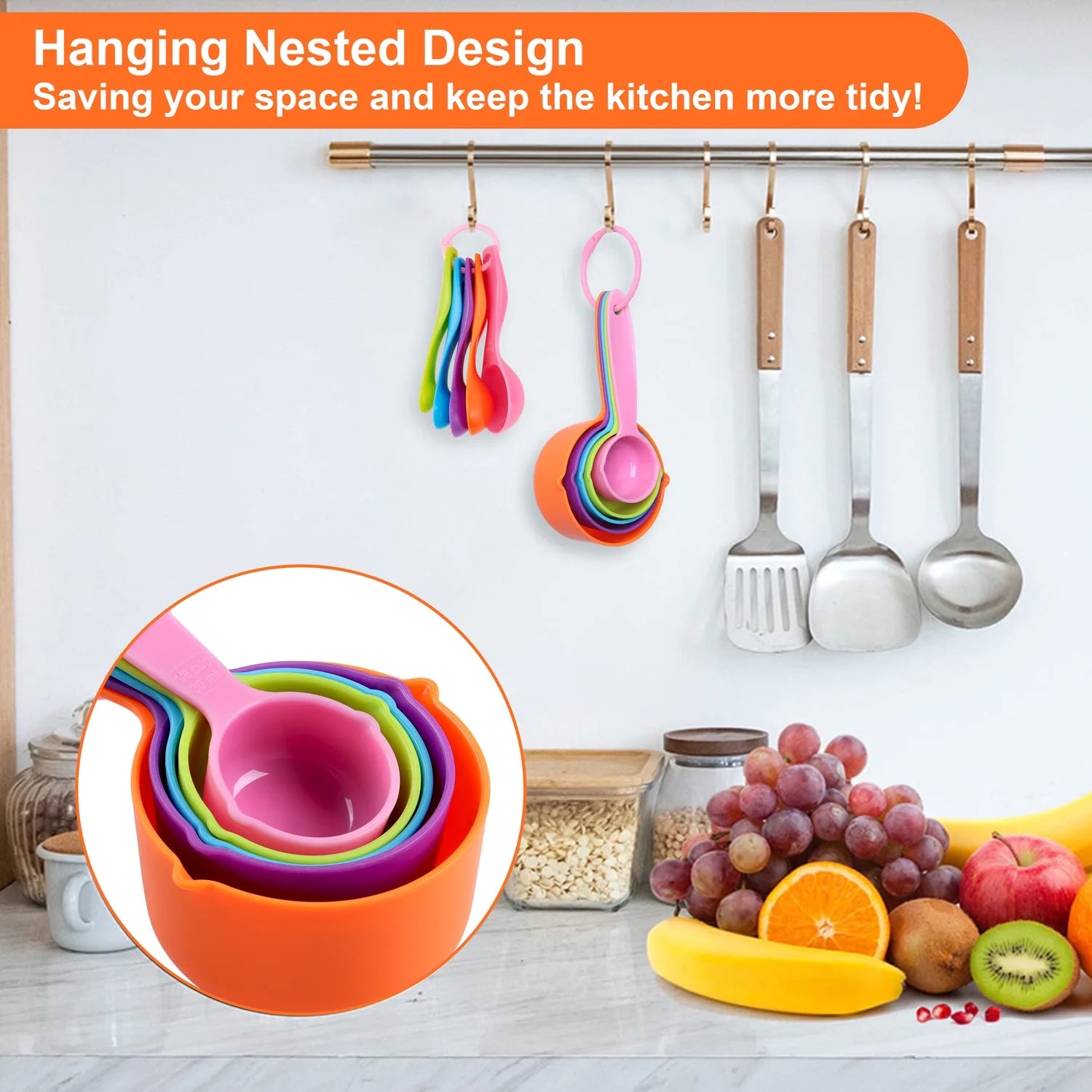 Measuring Cups and Spoons Set, 10-Piece Plastic Kitchen Measuring Set for Dry and Liquid Ingredient, Nesting Kitchen Gadgets for Cooking & Baking - Random Color