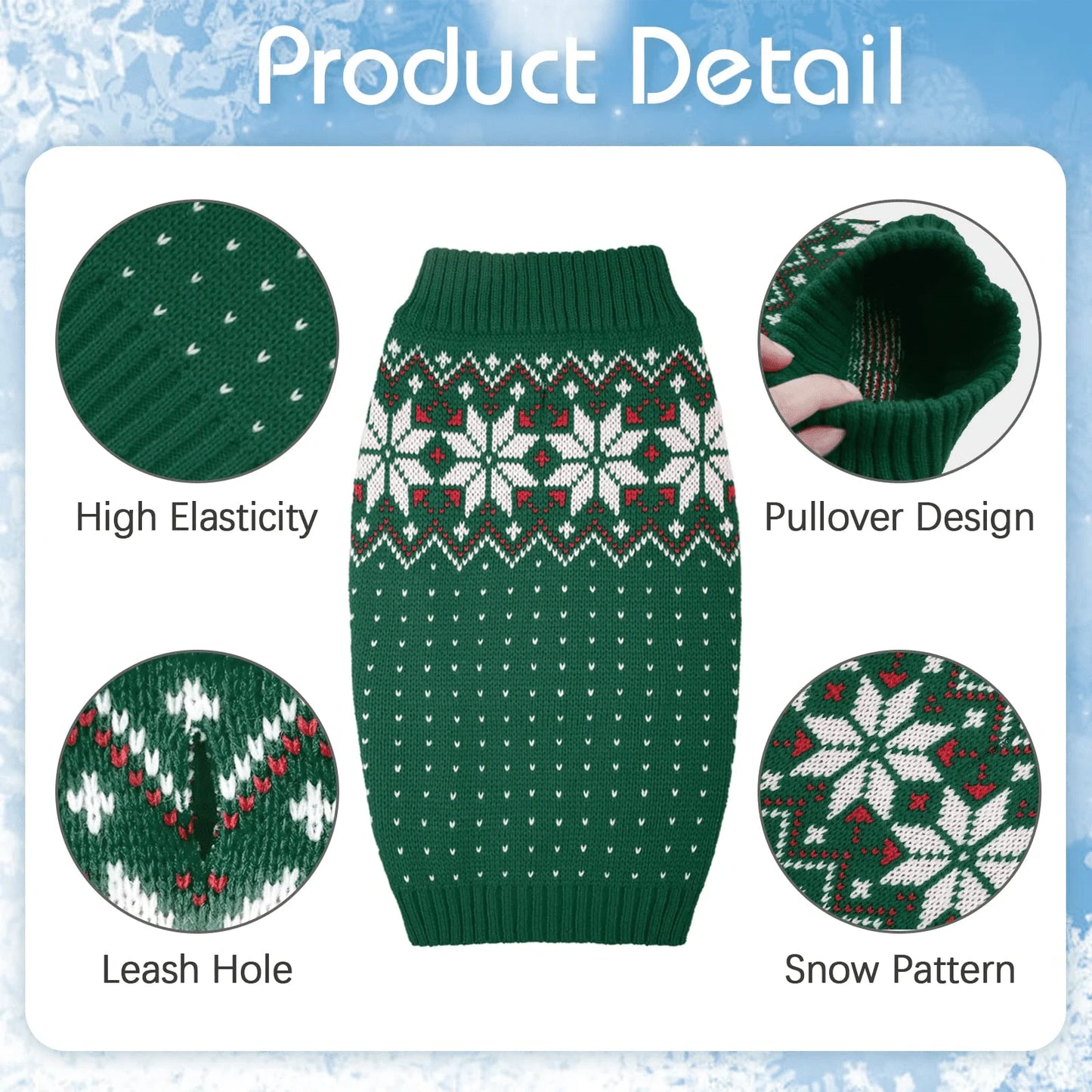 Holiday Christmas Snowflake Knit Sweater for Dogs and Cats, Green, Medium