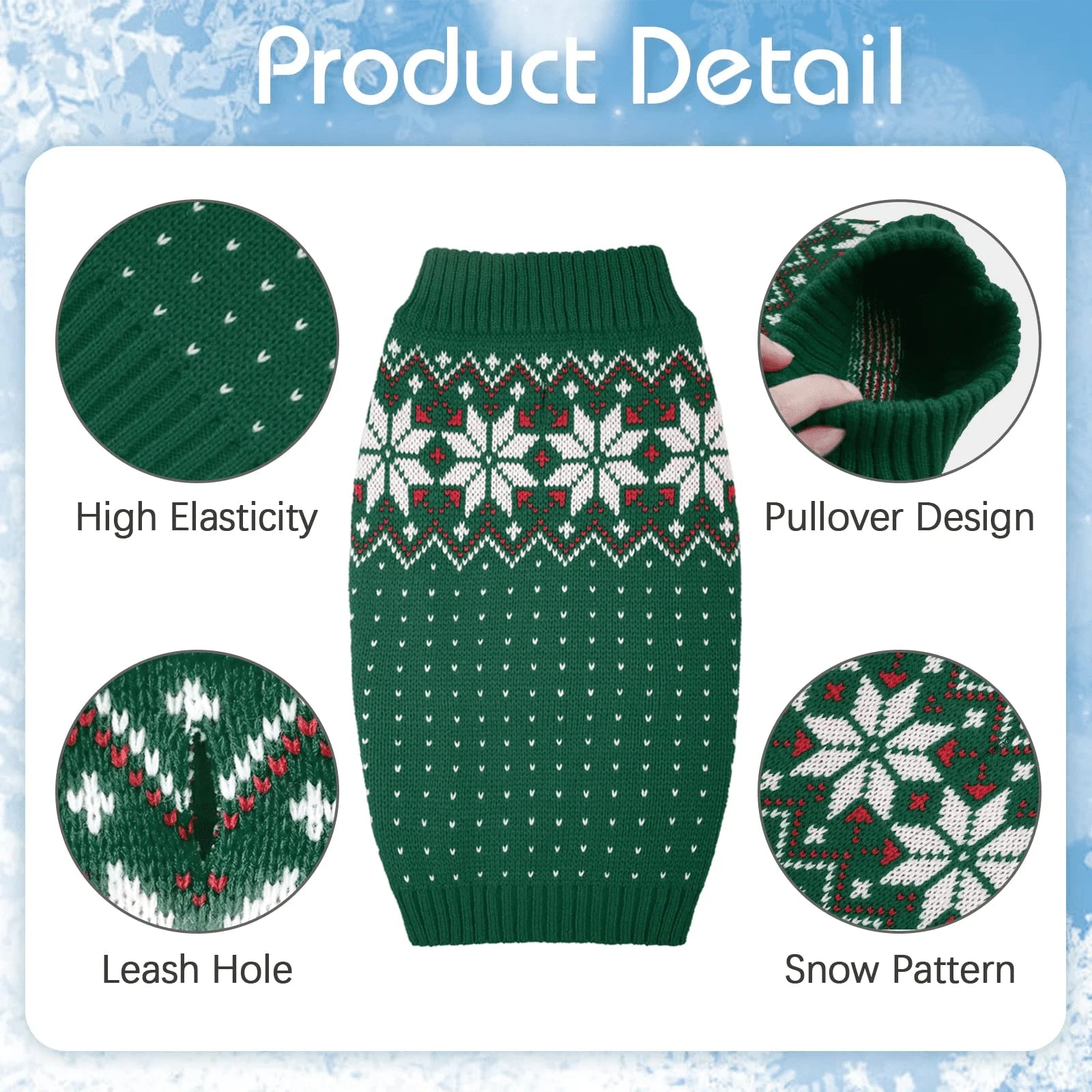 Holiday Christmas Snowflake Knit Sweater for Dogs and Cats, Green, Medium