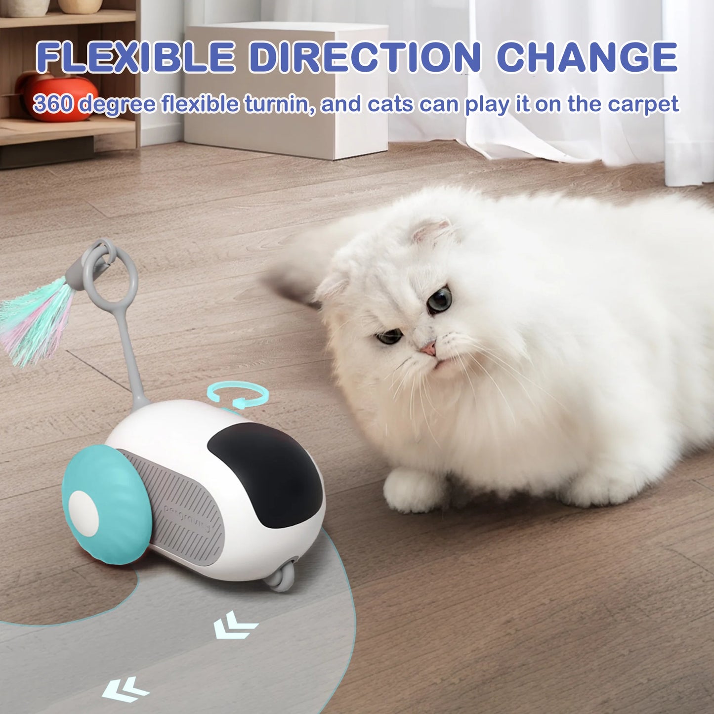 Smart Interactive Cat Toy for Indoor Use - Rechargeable Remote-Controlled Automatic Movement with Feathers, Blue, 2-Speed Settings