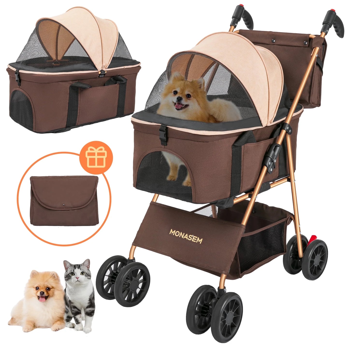 4-Wheel Foldable Pet Stroller 3-in-1 with Waterproof Detachable Travel Carrier for Small to Medium Dogs and Cats up to 60 lbs, Brown